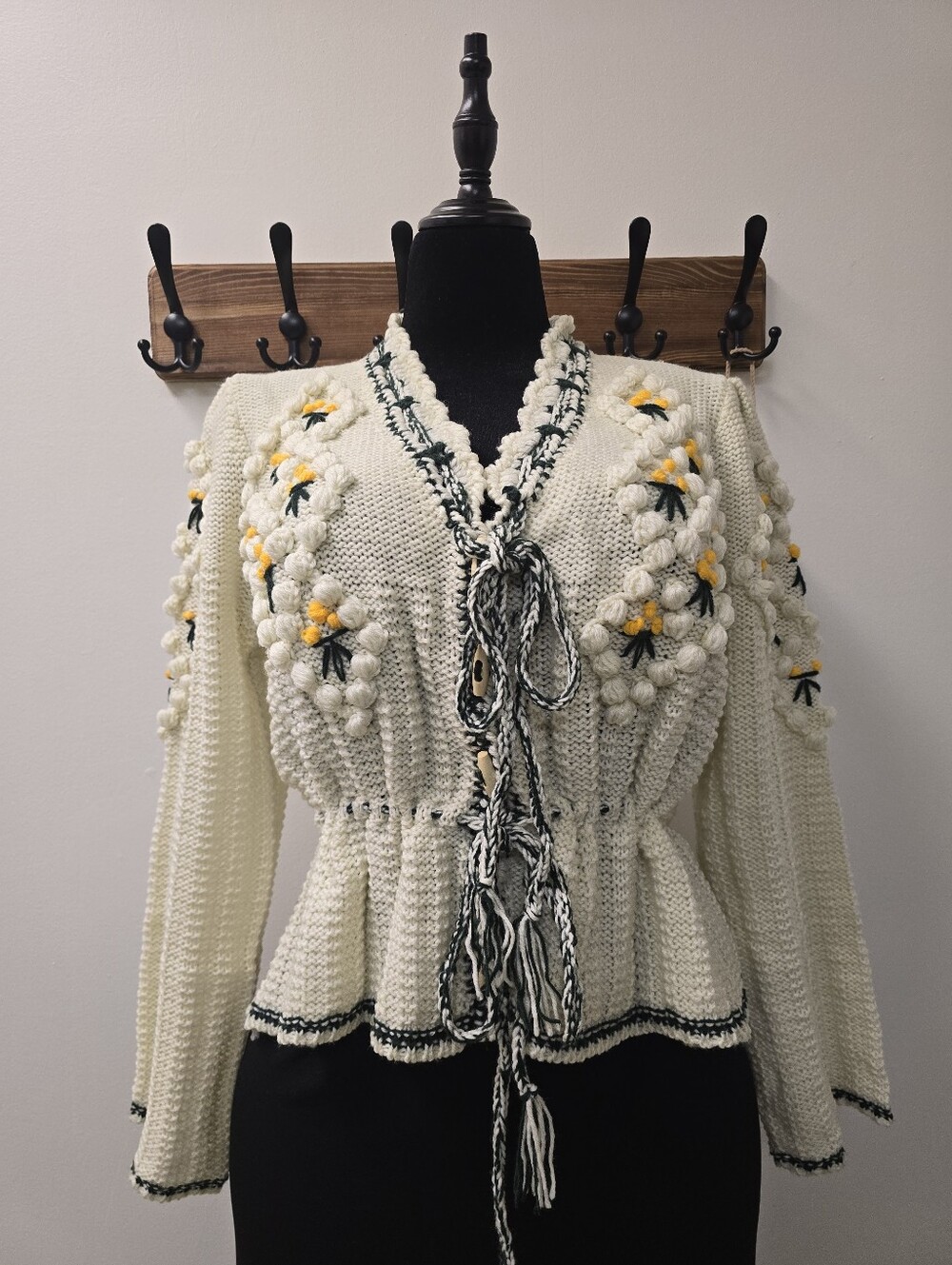 POL Floral Bobble Knit Front Tie Cardigan Heart Detail Cream